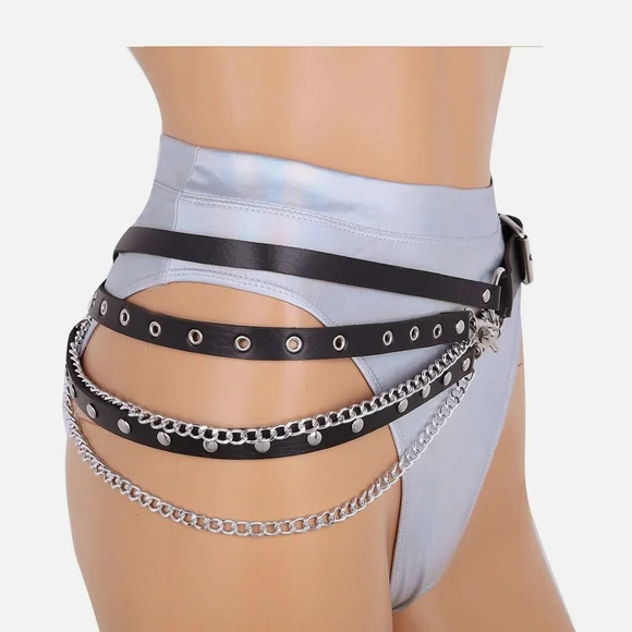 Plus Size☆ Edgy Punk Goth Black Multi-layer Chain And Stud Vegan Leather Belt - Picture 13 of 16